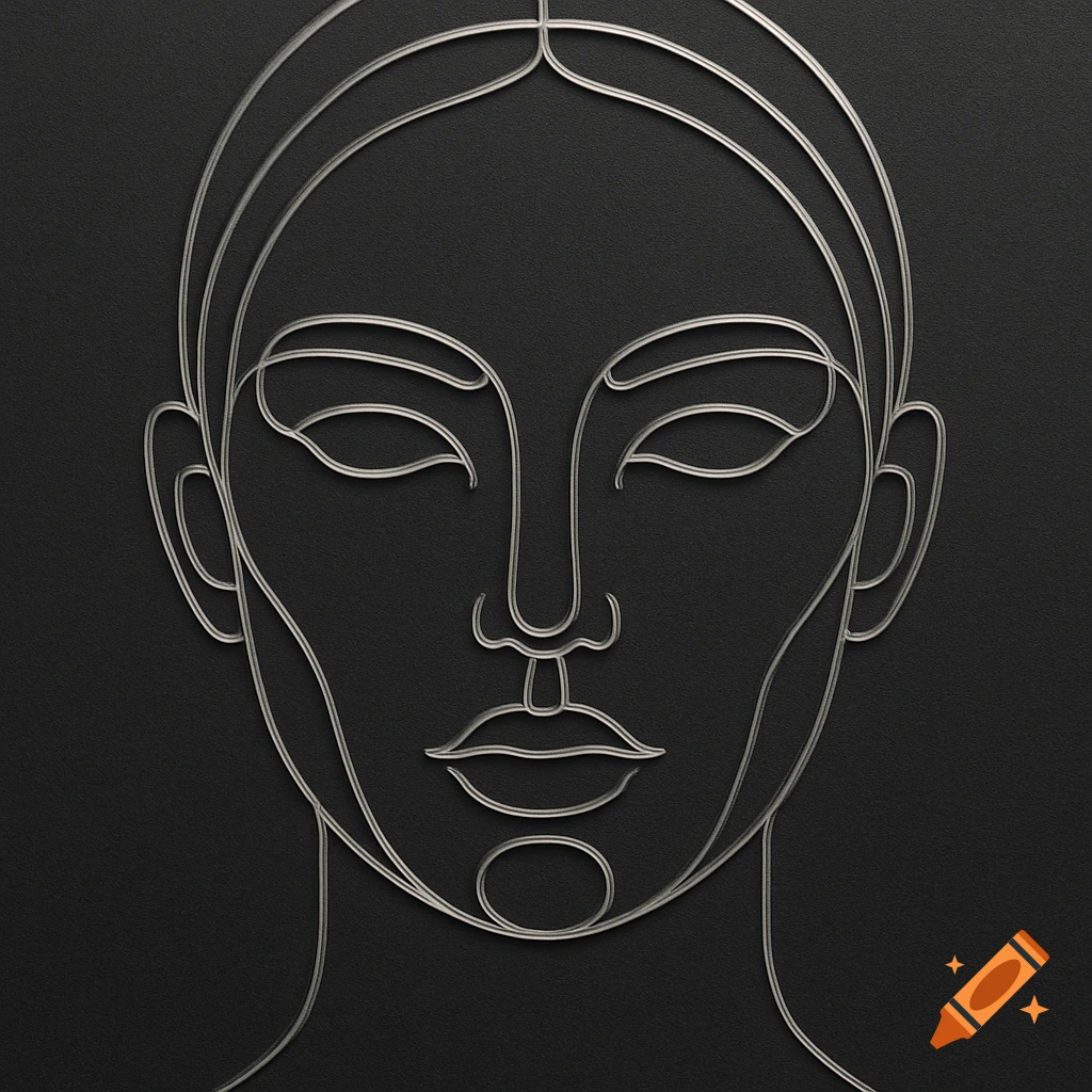 A minimalist wireframe illustration of a female face on a dark background.