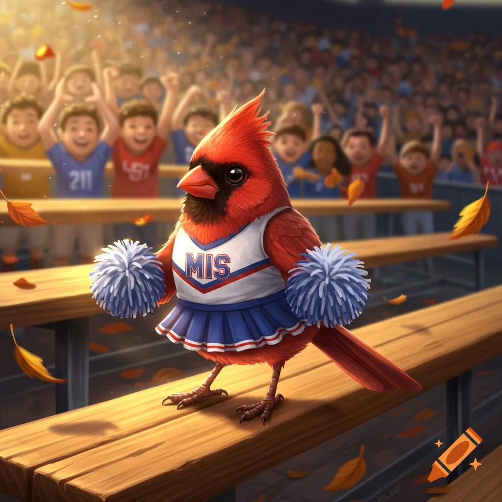 A cute cartoon red cardinal dressed as a cheerleader, holding pom-poms, stands on stadium bleachers with a cheering crowd in the background.