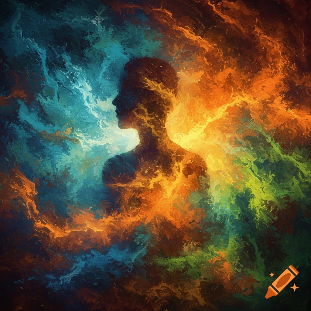 An abstract art painting of a human silhouette in profile, surrounded by swirling patterns of blue, orange, and green colors.