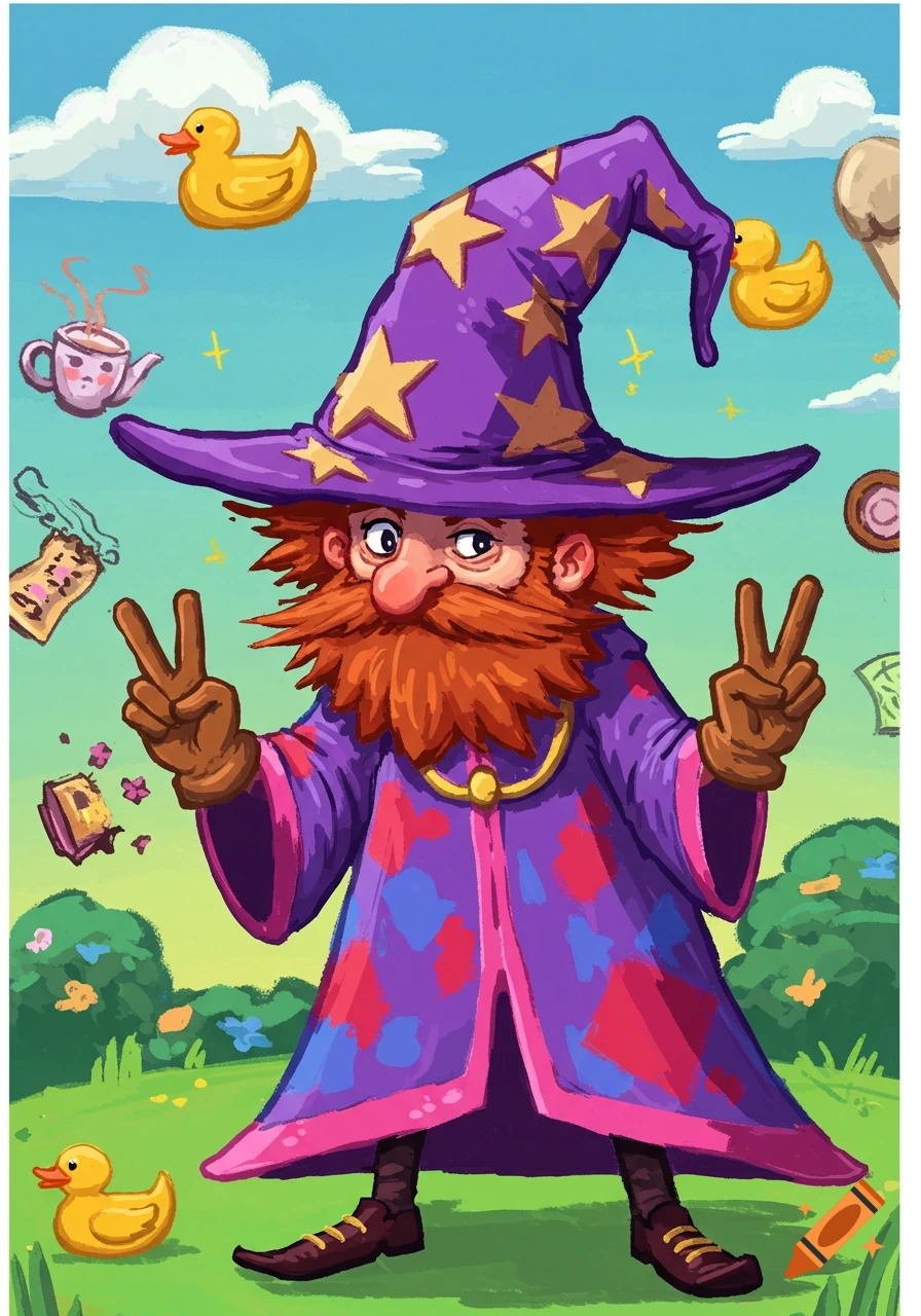 A whimsical cartoon wizard with a red beard and a purple, star-covered hat makes a peace sign. He stands in a bright, colorful landscape with floating rubber ducks.