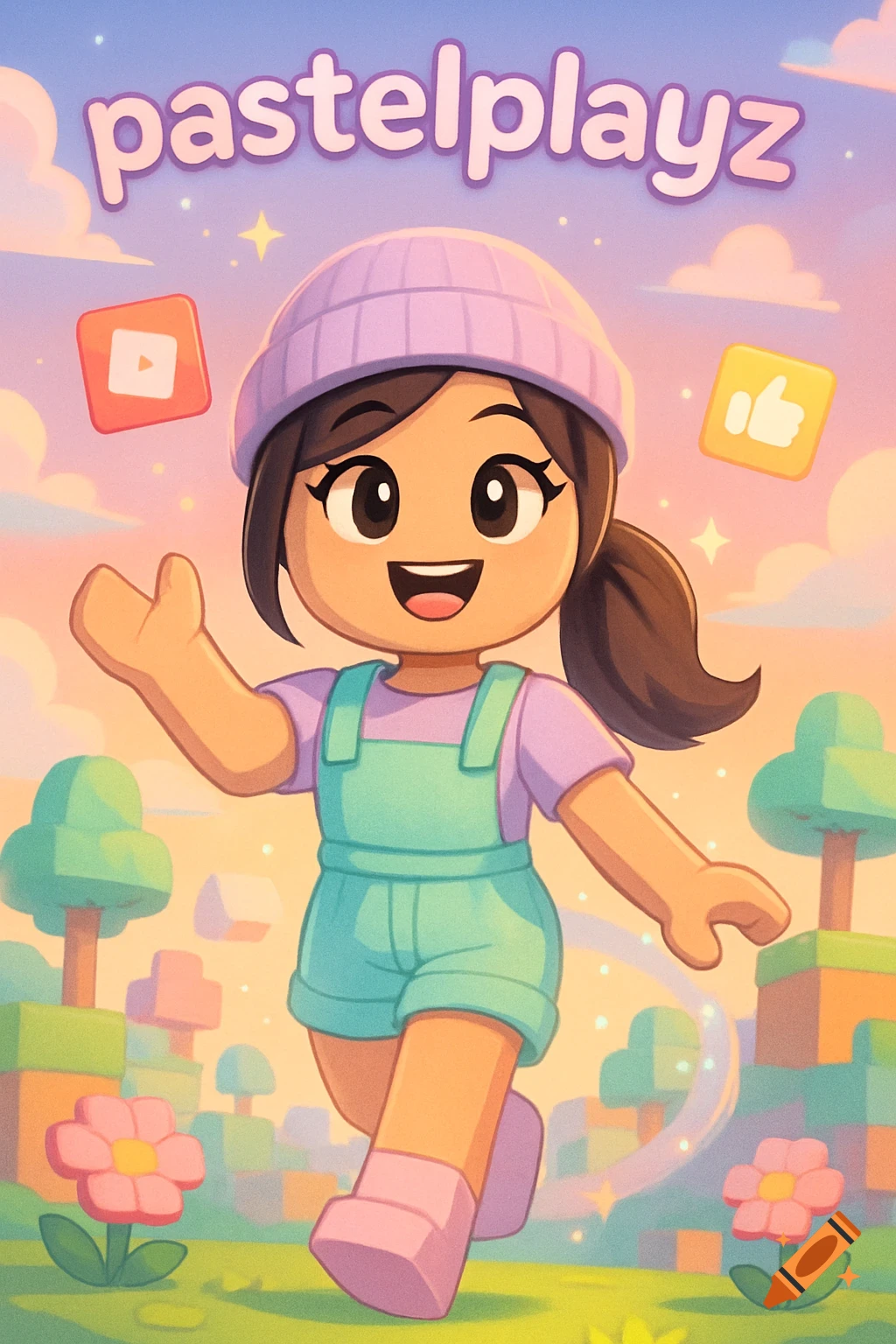 A smiling cartoon girl in a purple beanie and overalls walks in a pastel-colored blocky landscape with the text 'pastelplayz' overhead.