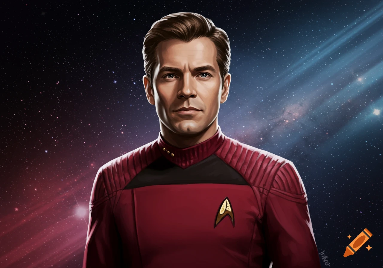 Digital painting portrait of a man in a red Starfleet uniform against a starry space background.