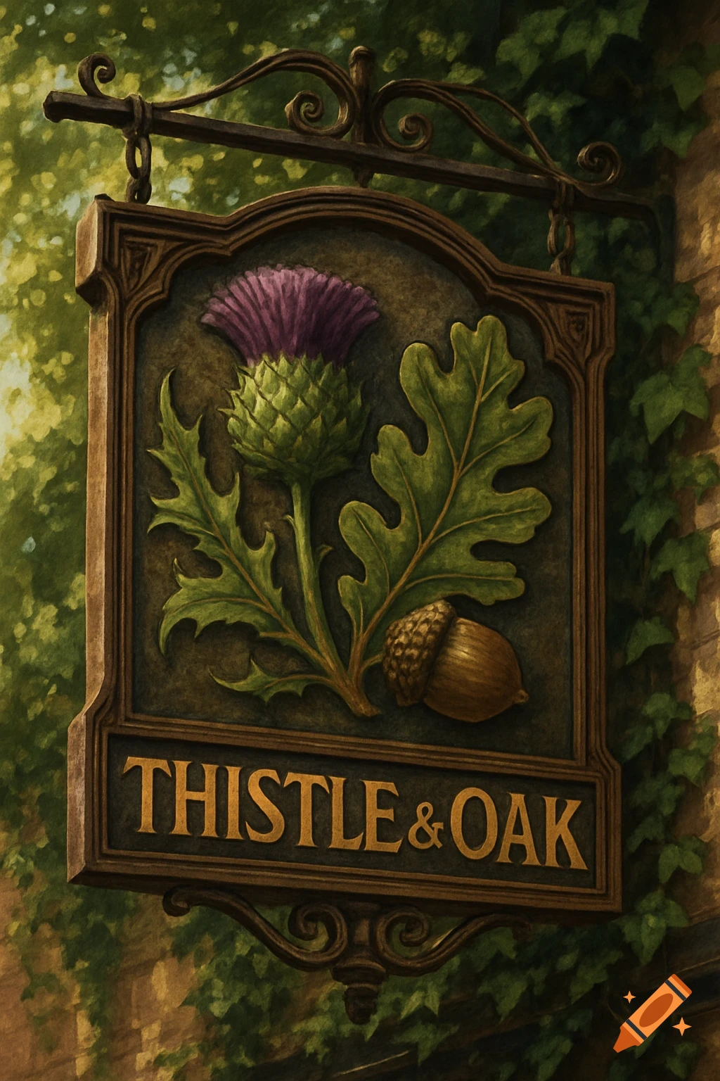 An ornate painted pub sign for 'THISTLE & OAK' featuring a purple thistle, green oak leaf, and acorn, hanging on a building.
