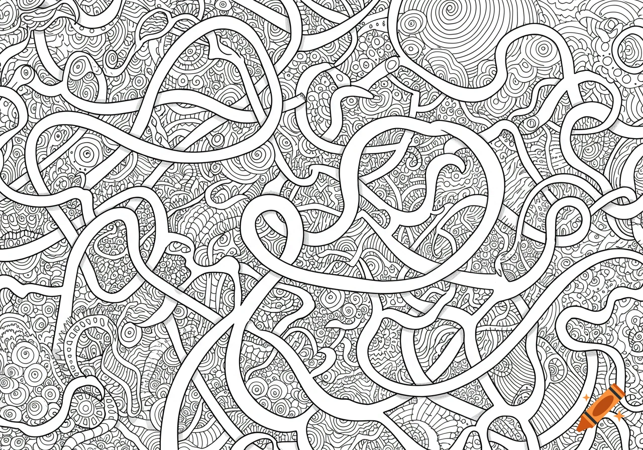 Black and white abstract line art with intricate, chaotic, intertwined lines resembling a complex maze, suitable for a coloring book.