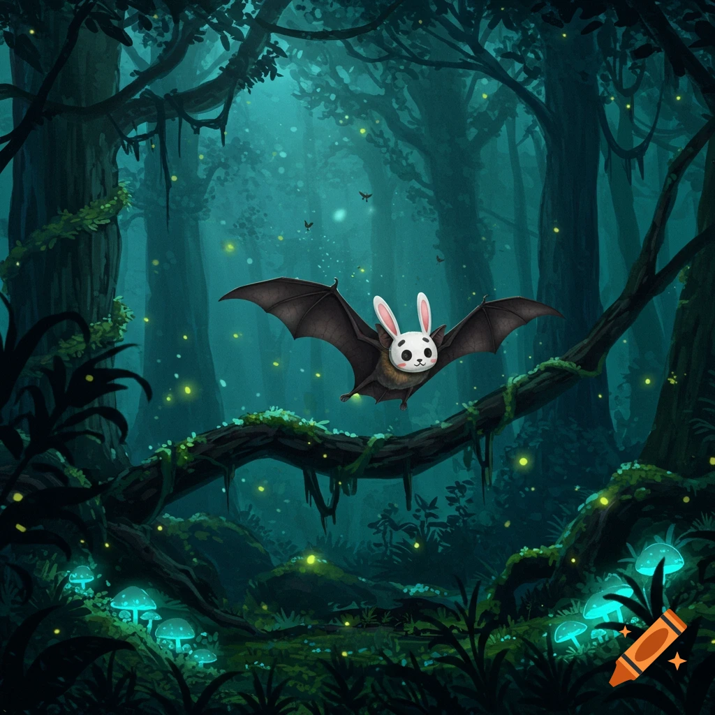 A cute bat wearing a white bunny mask flies through a dark, mystical forest with glowing mushrooms and fireflies.
