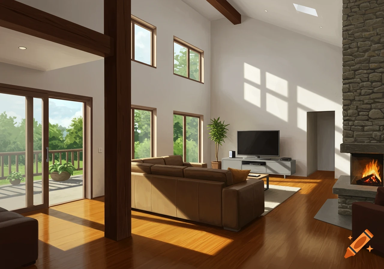 A modern living room with wood floors, a brown sectional, a stone fireplace, and large windows looking out to trees.