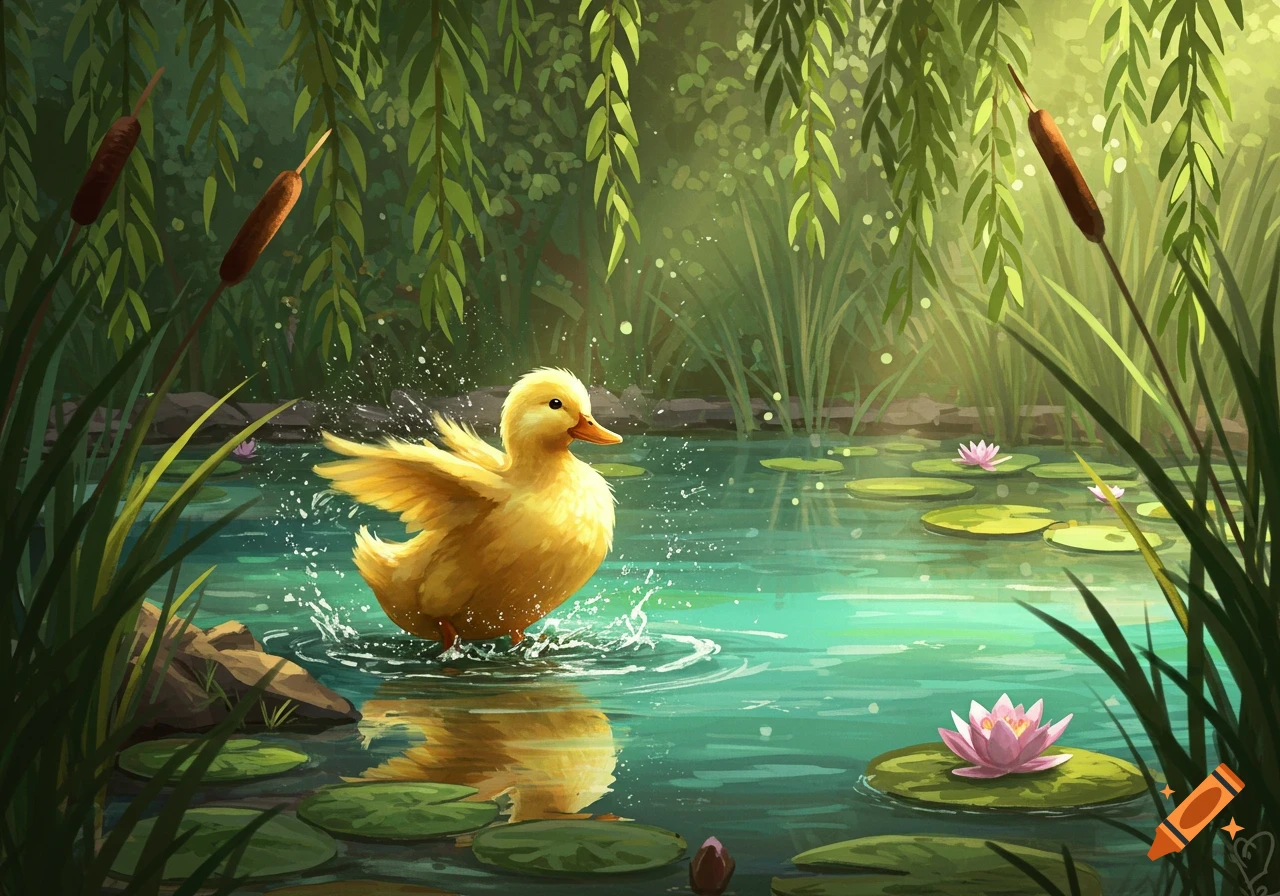 A cute yellow duck splashes in a pond surrounded by lily pads and weeping willow branches in a vibrant illustration.