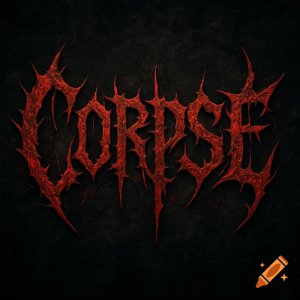 Red, spiky, thorny 'CORPSE' band logo in a heavy metal style on a dark textured background.