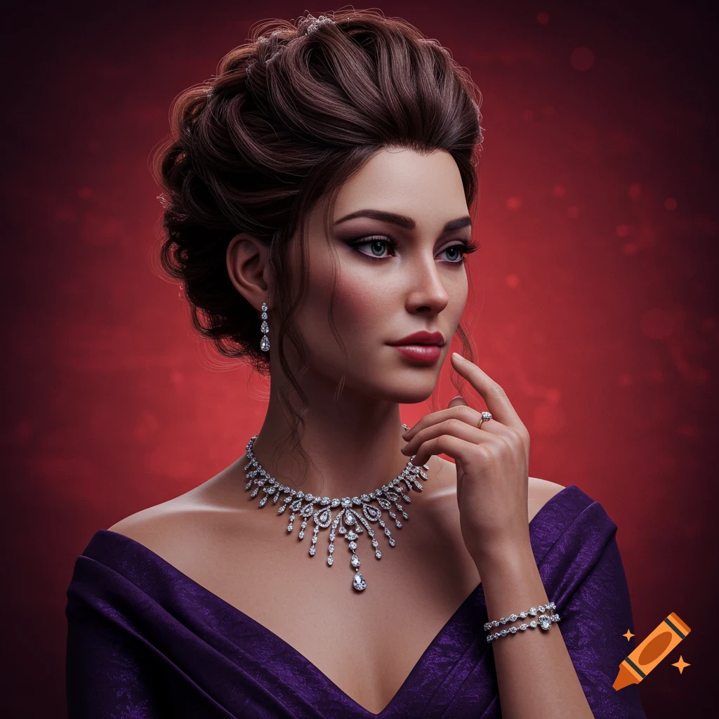 Hyperrealistic portrait of a woman with a sophisticated updo wearing a deep purple gown and intricate diamond jewelry against a red background.