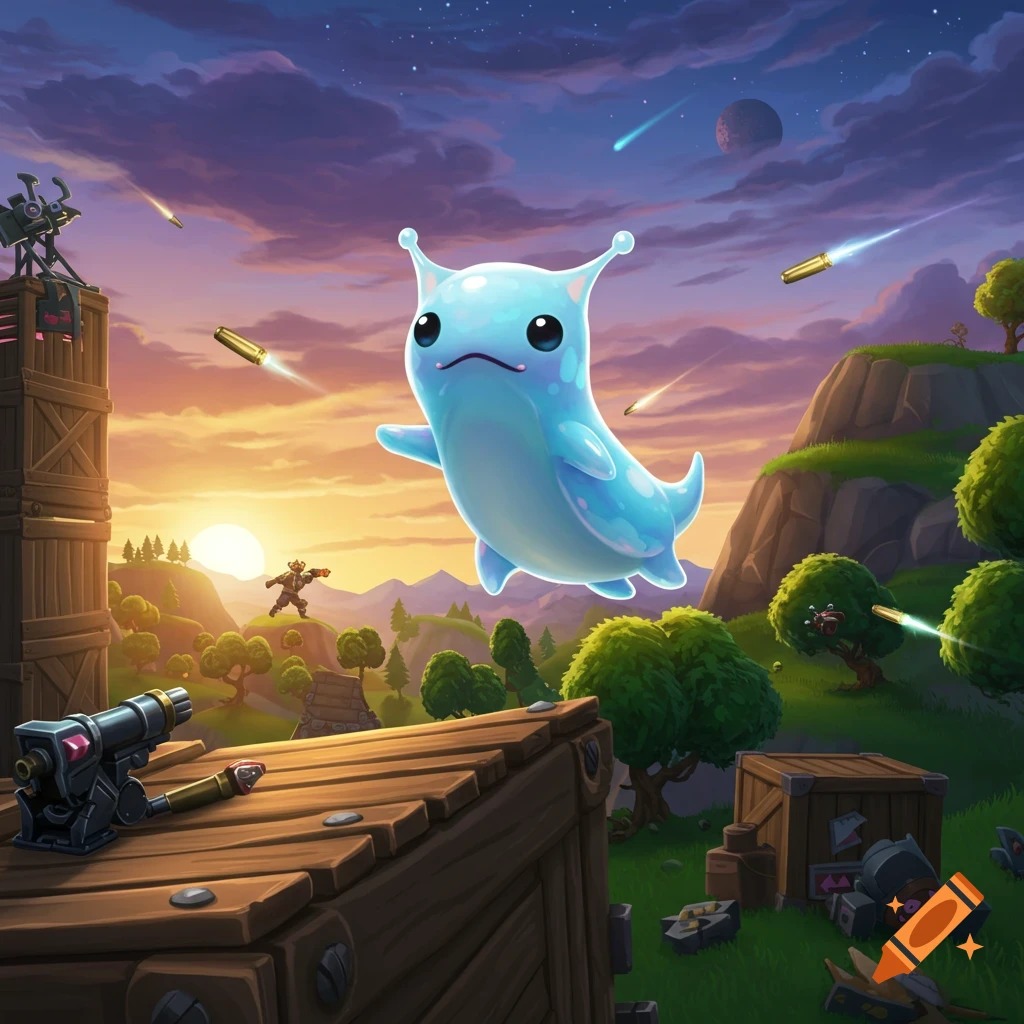 A cute blue slug-like creature floats over a stylized battlefield with wooden structures, flying bullets, and a distant character, set against a sunset sky.