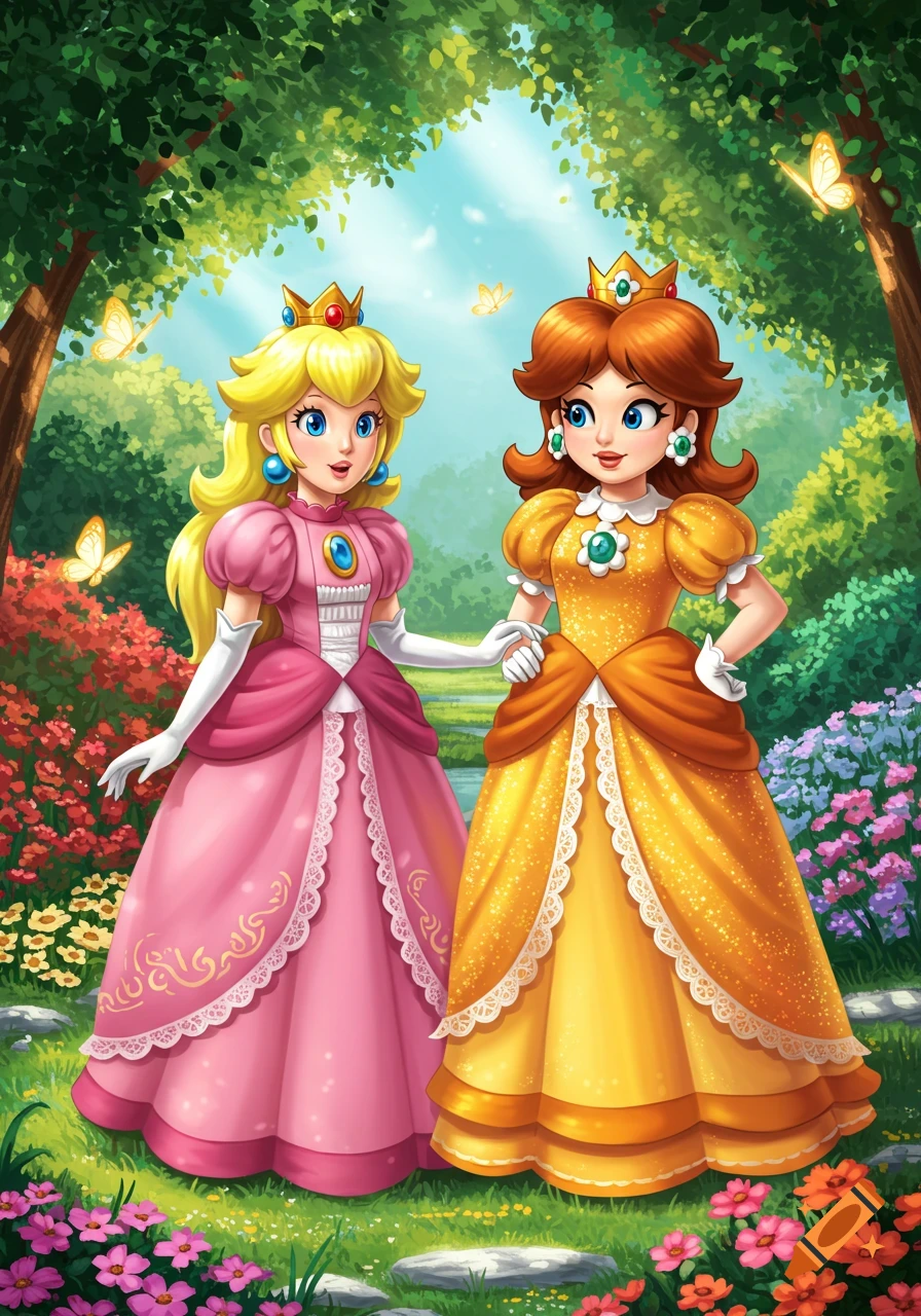 Princess Peach and Princess Daisy stand together in a vibrant, lush garden, in a Disney-like animated style.