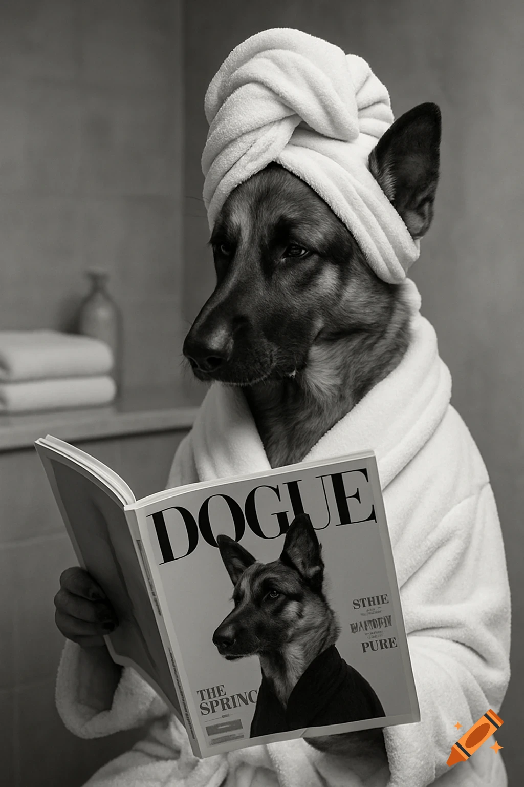 A black and white editorial photo of a German Shepherd dog wearing a white bathrobe and towel turban, reading a magazine titled "DOGUE" in a spa-like bathroom.