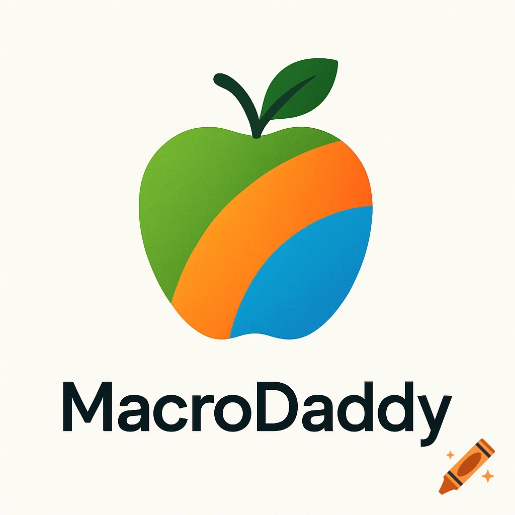 A stylized green apple logo with an orange and blue stripe, and a dark stem and leaf, above the text 'MacroDaddy' in black.