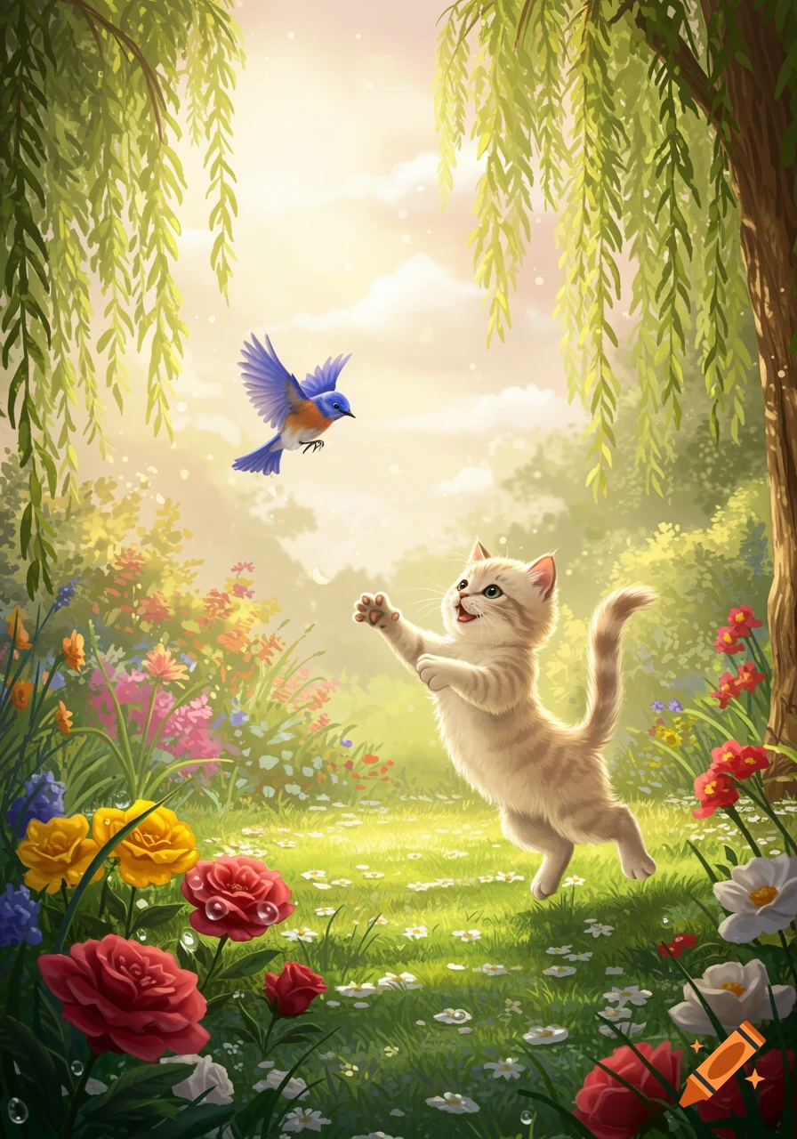 A cute, light brown tabby kitten leaps playfully at a blue bird flying in a vibrant, sunny garden with colorful flowers and weeping willow trees.