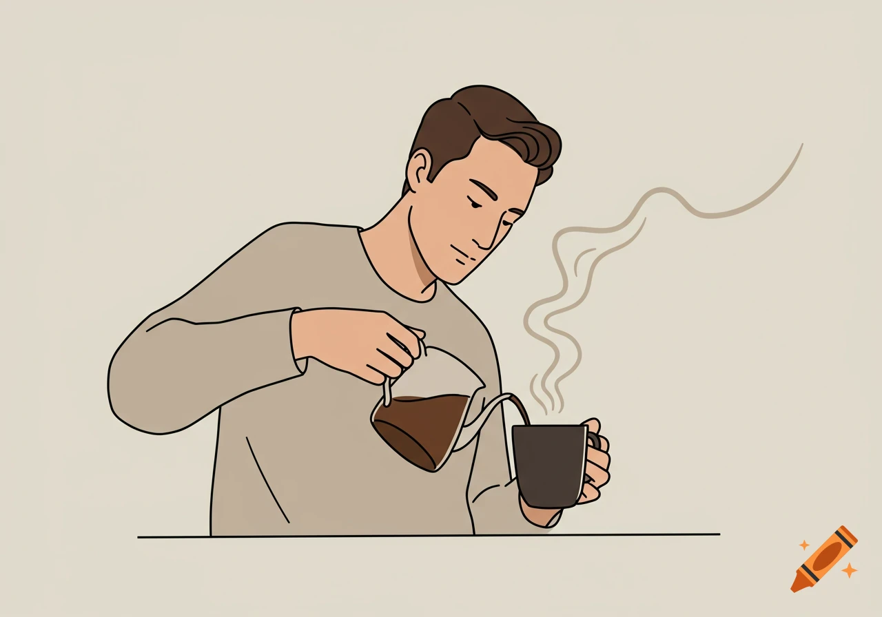 A 2D illustration of a man pouring coffee from a glass carafe into a mug, with steam rising.