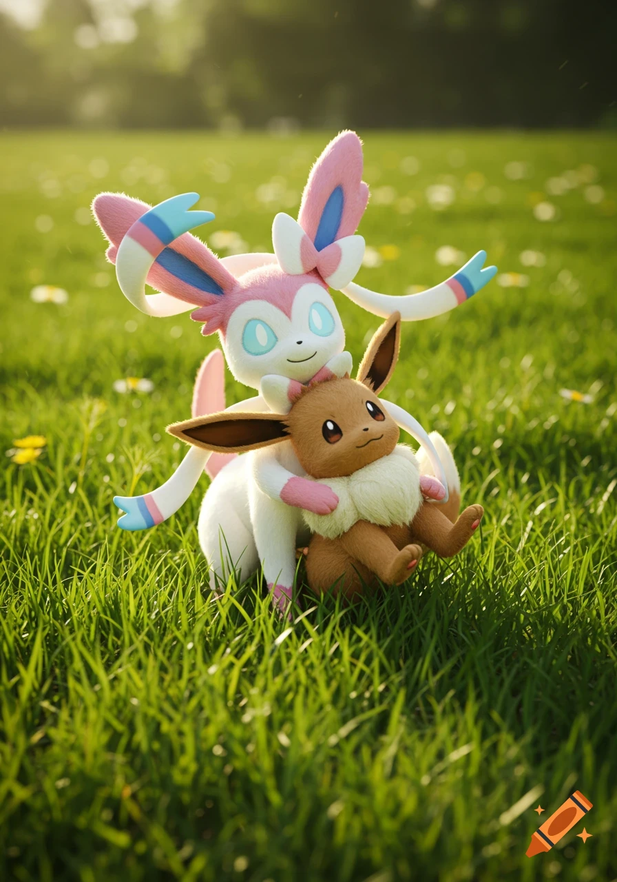 Photorealistic image of a pink and white Sylveon holding a brown Eevee in a sunny green grass field.