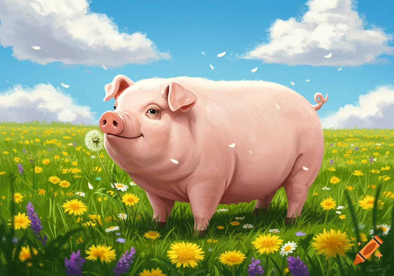 A smiling pink pig stands in a vibrant green field with yellow and purple wildflowers under a blue sky with fluffy clouds. Illustration.