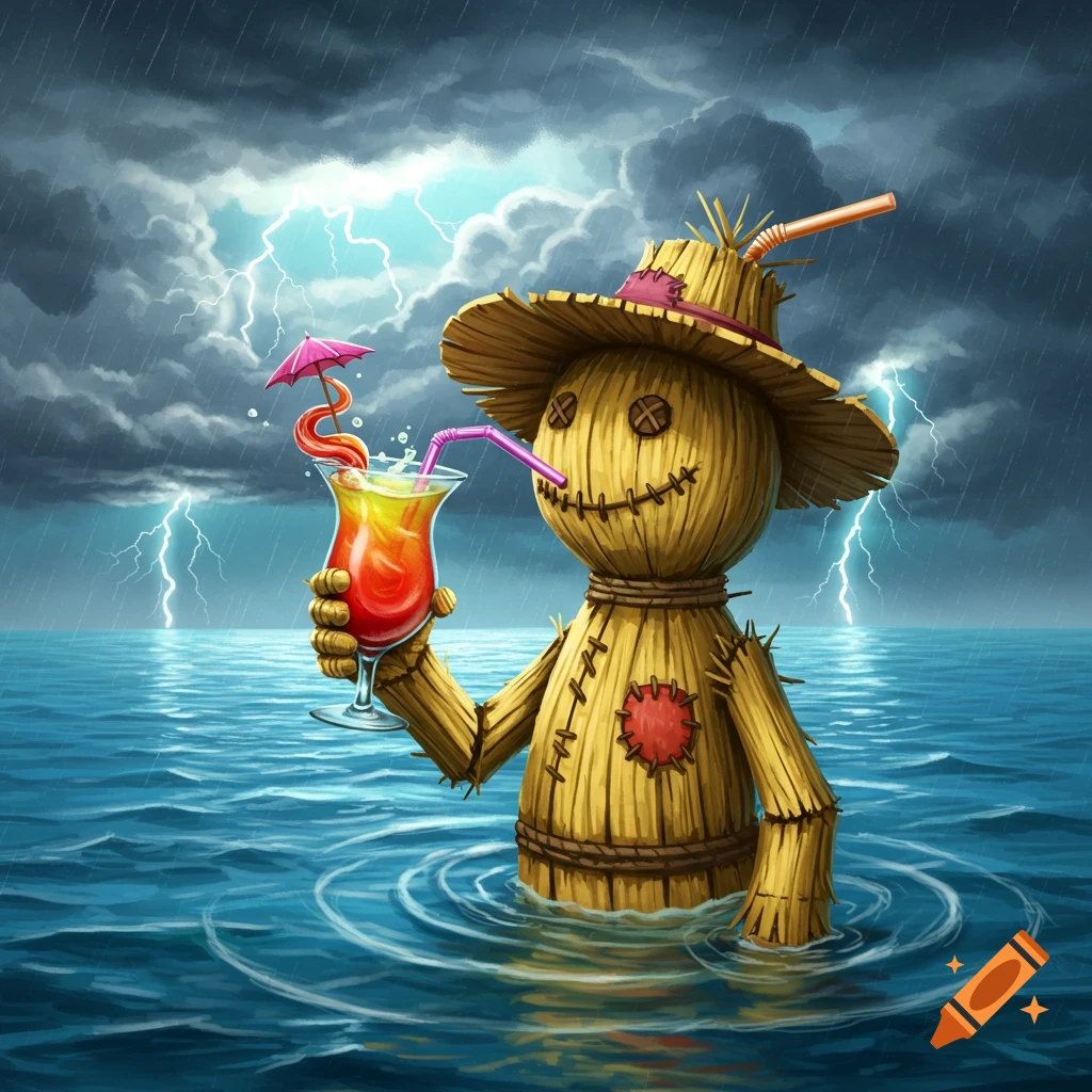 A cartoon scarecrow with a straw hat stands in choppy water during a lightning storm, holding a colorful cocktail.