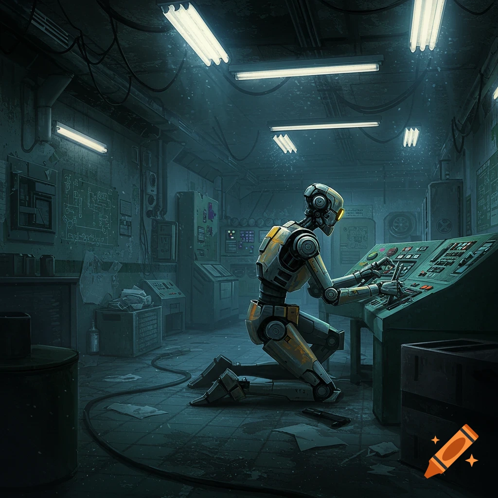 A robot kneels at a control panel in a dark, grimy underground lab, illuminated by fluorescent lights, in a science fiction art style.