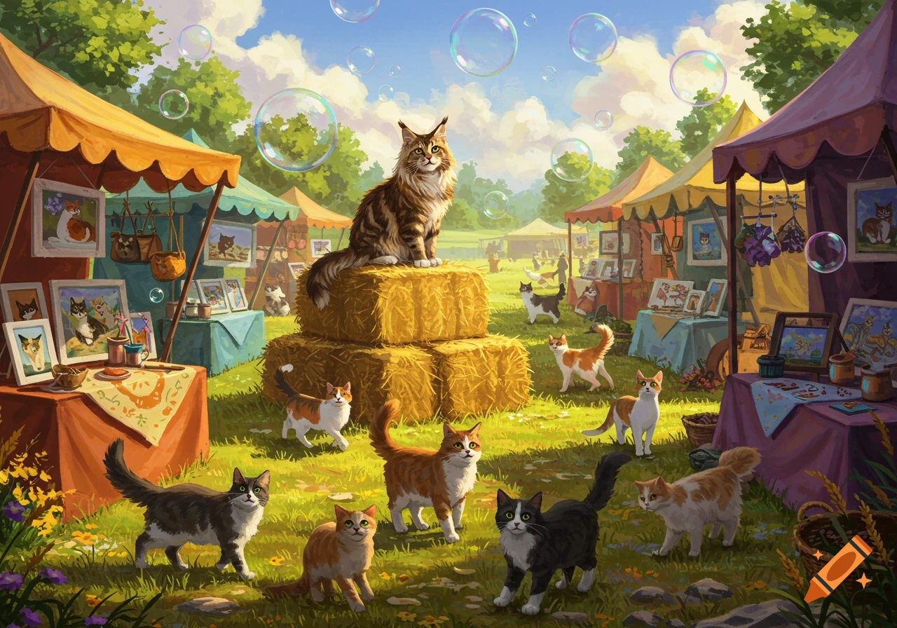 A whimsical outdoor fair filled with various cats, market stalls, and floating bubbles under a sunny sky.
