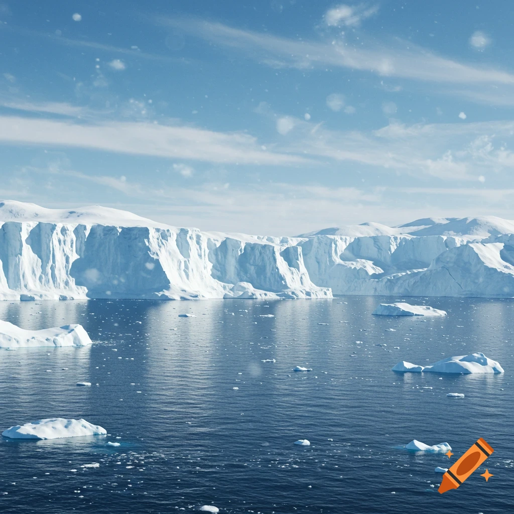 Photorealistic image of towering ice cliffs and icebergs in the dark blue waters of Antarctica under a bright sky with falling snow.