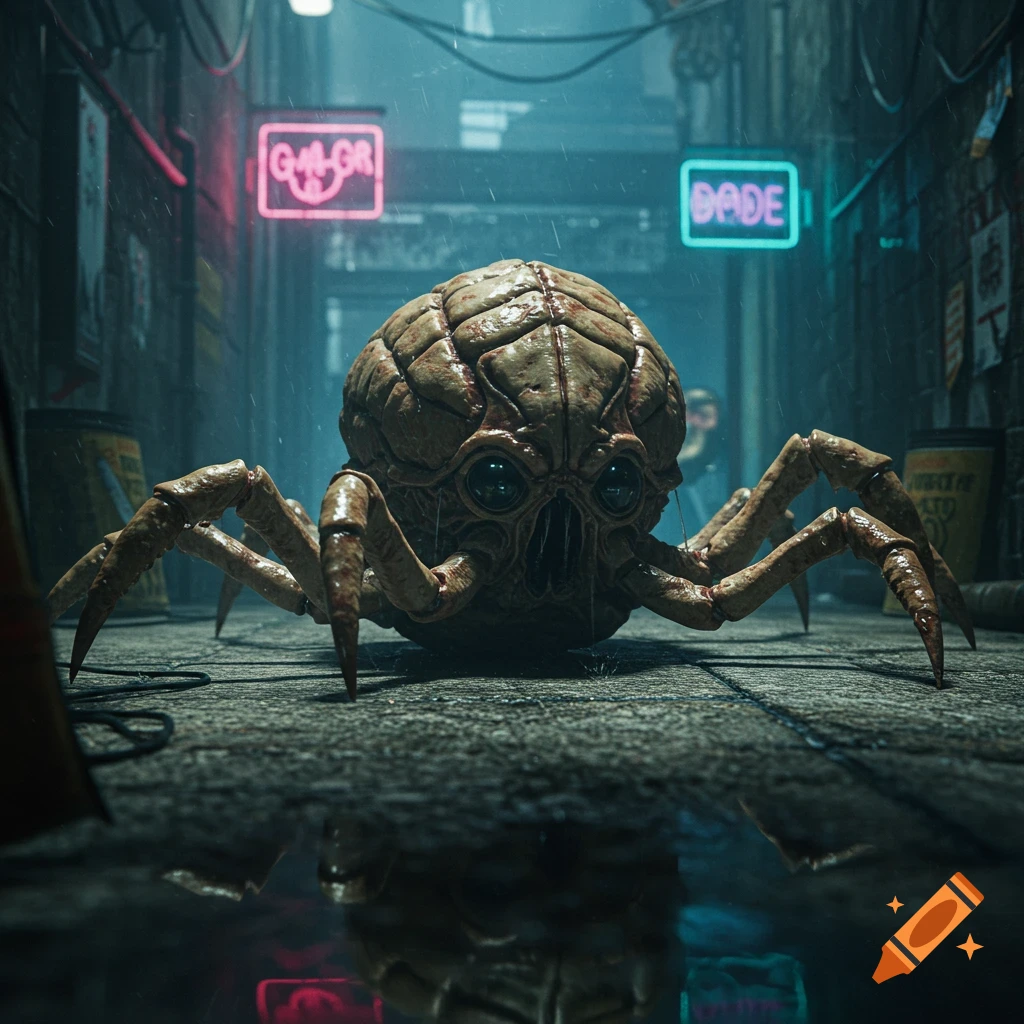 A large, grotesque brain-like spider creature with sharp legs on a wet alley floor, with neon signs in a dark, rainy, photorealistic style.