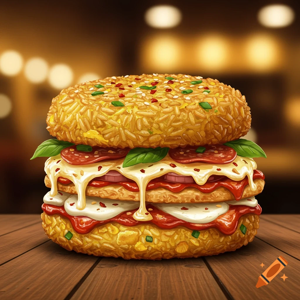 A creative burger with fried rice buns, melted cheese, pepperoni, and basil leaves on a wooden table. Stylized food illustration.