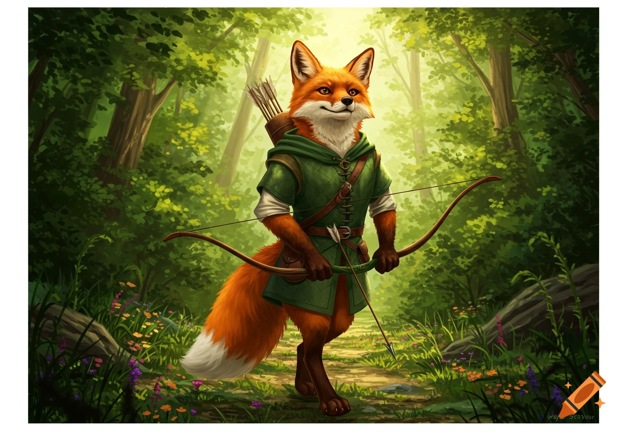 A stylized red fox in a green archer outfit holds a bow while standing in a sunlit forest.