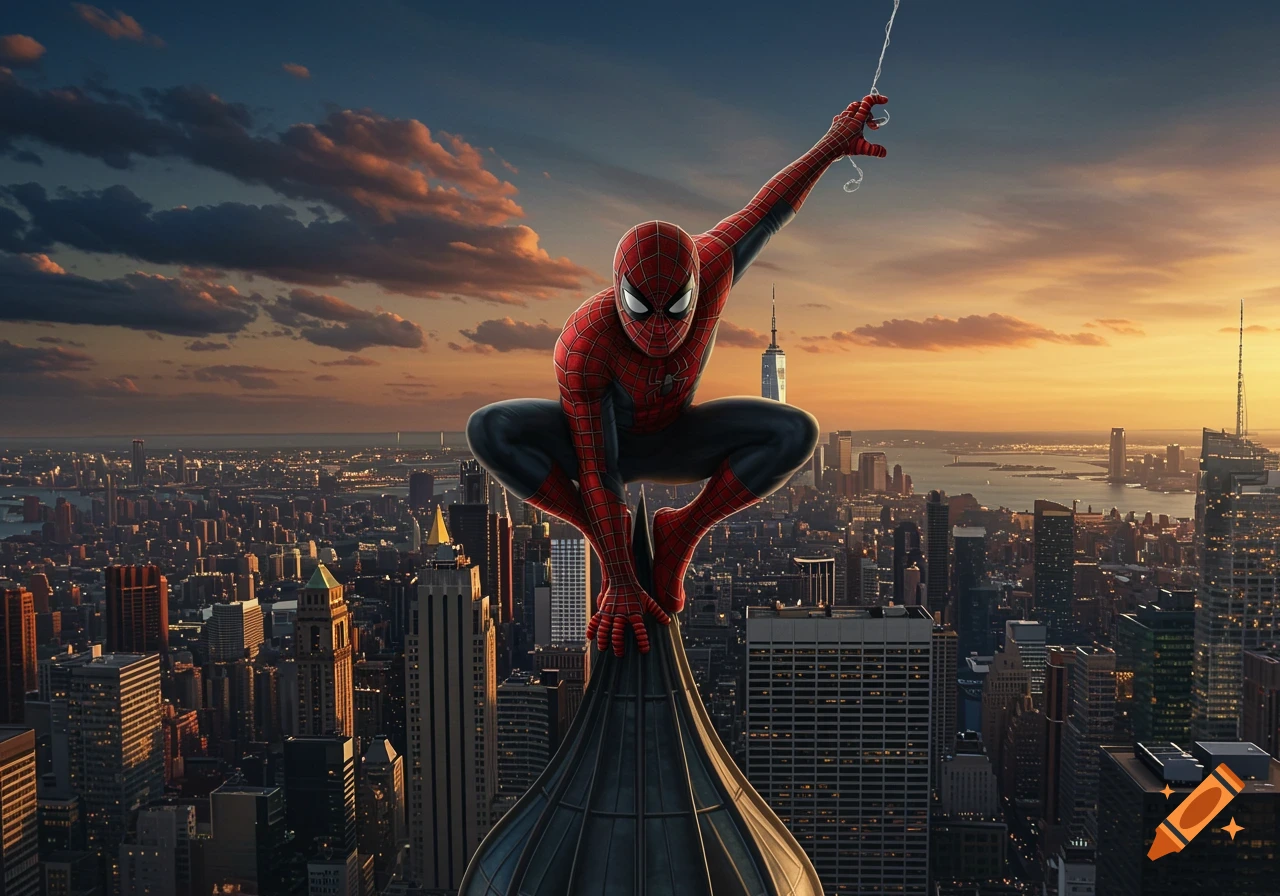 Spider-Man in his classic suit perched atop a skyscraper, overlooking a vast cityscape at sunset, photorealistic style.