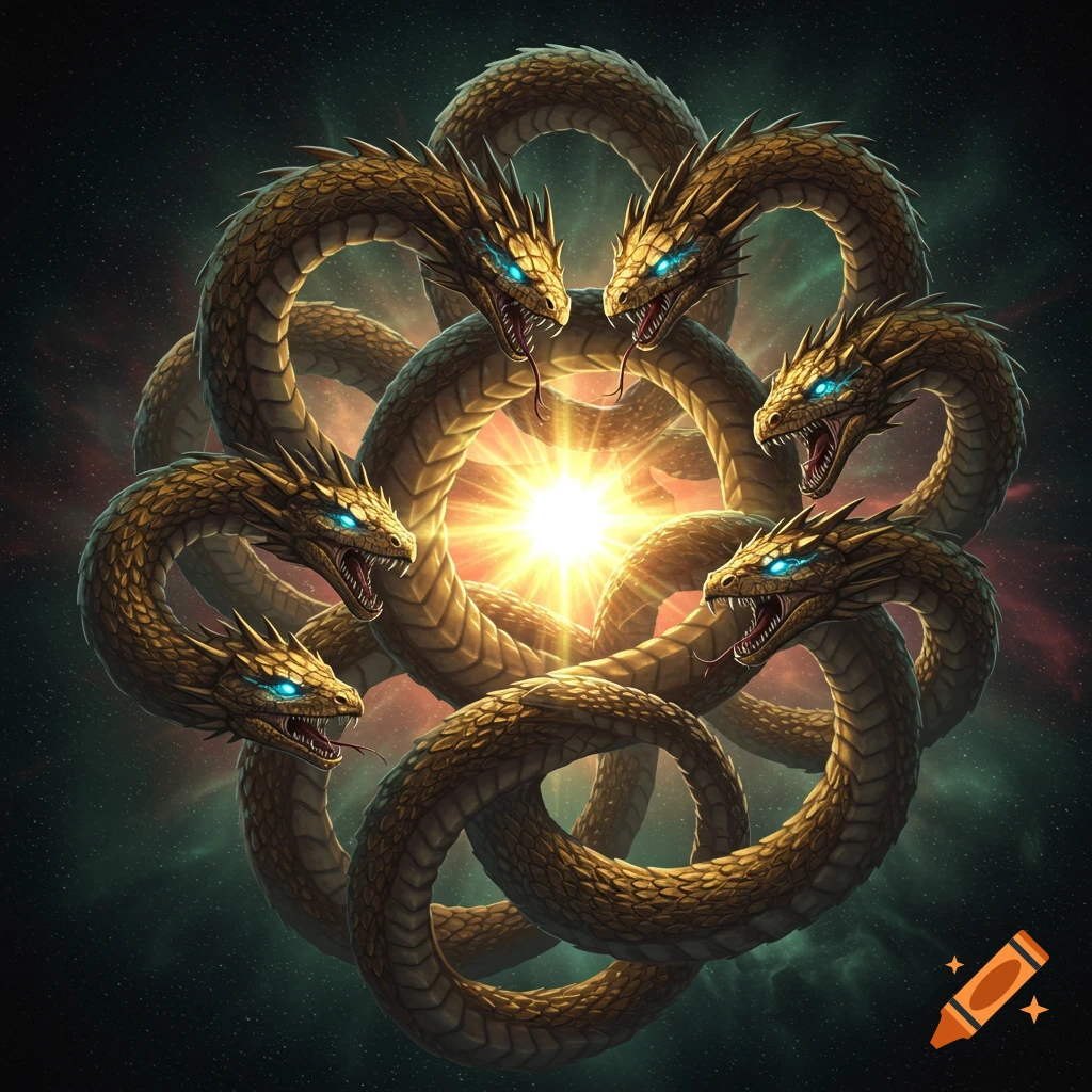 A circular formation of seven golden dragon heads with glowing blue eyes and interwoven bodies surrounding a bright golden light in a cosmic setting.