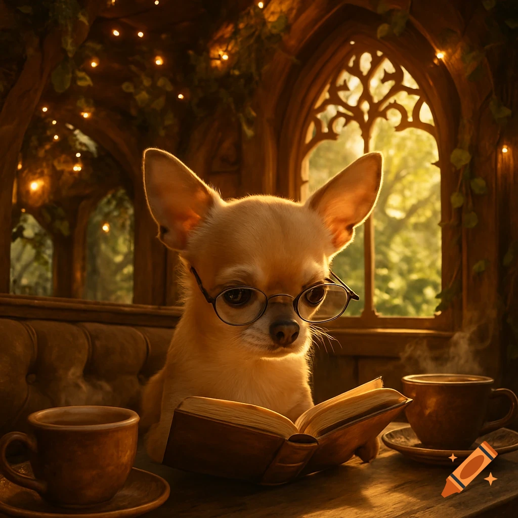 A chihuahua dog wearing glasses reads a book in a cozy, warmly lit treehouse cafe with coffee cups.