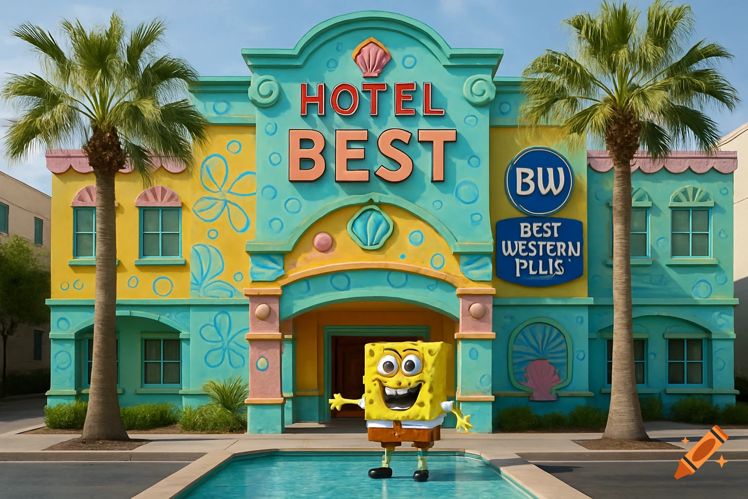 SpongeBob SquarePants stands in front of a vibrant, cartoonish hotel with HOTEL BEST on its sign, flanked by palm trees and a small pool.