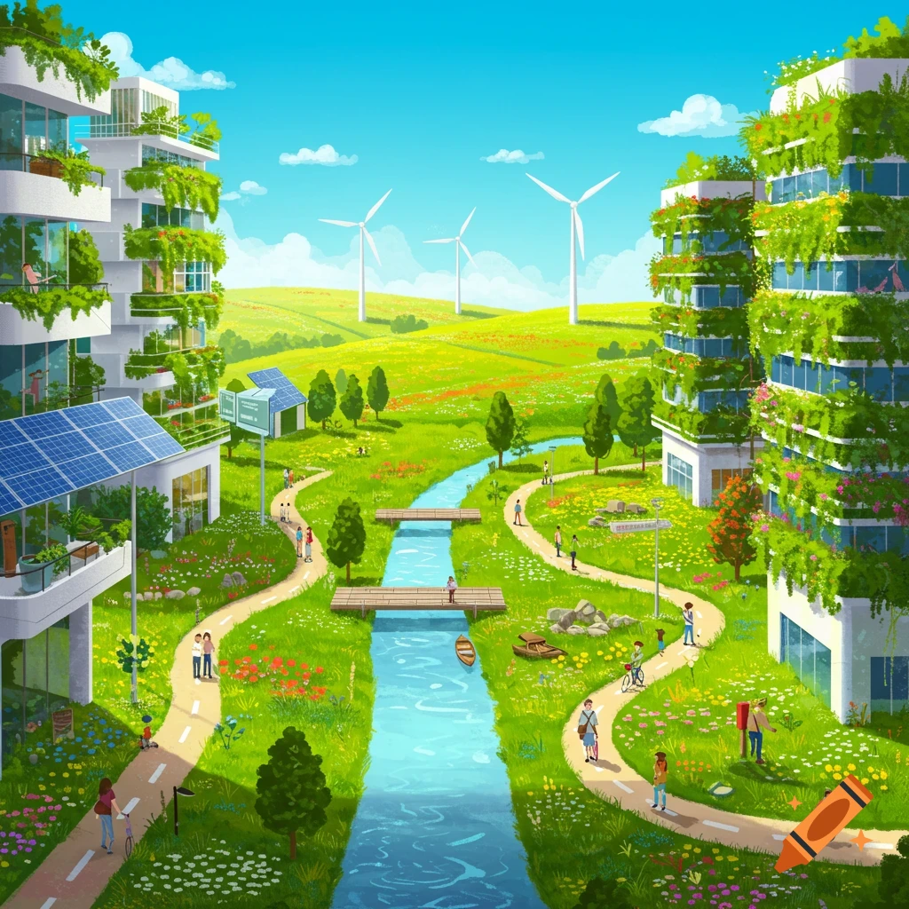 Vibrant illustration of a green city with plant-covered buildings, solar panels, wind turbines, a river, and people in a lush landscape.