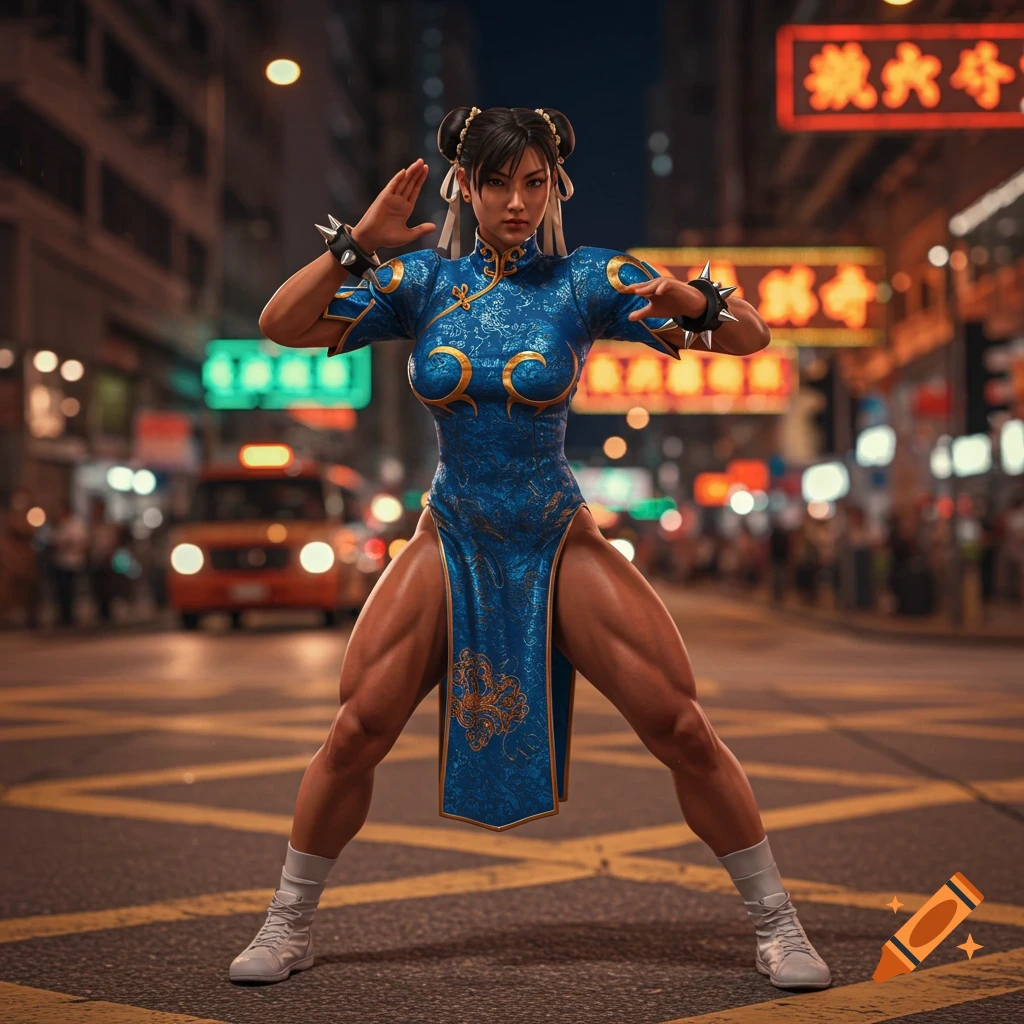 Chun-Li in her blue qipao and white sneakers strikes a fighting pose on a city street at night with neon signs in the background.