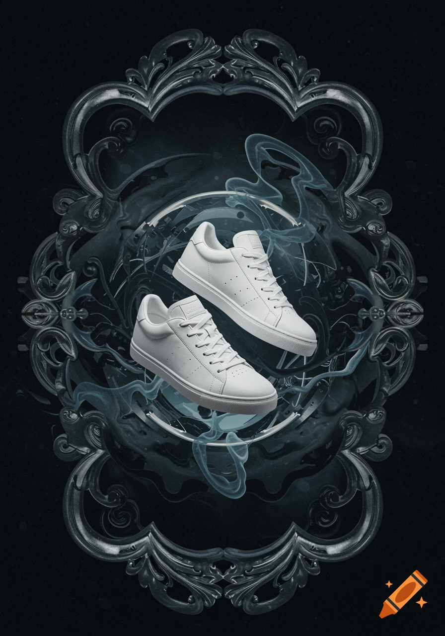Two white sneakers float within an ornate dark gray frame with blue smoke on a black background, in a dramatic, photorealistic style.