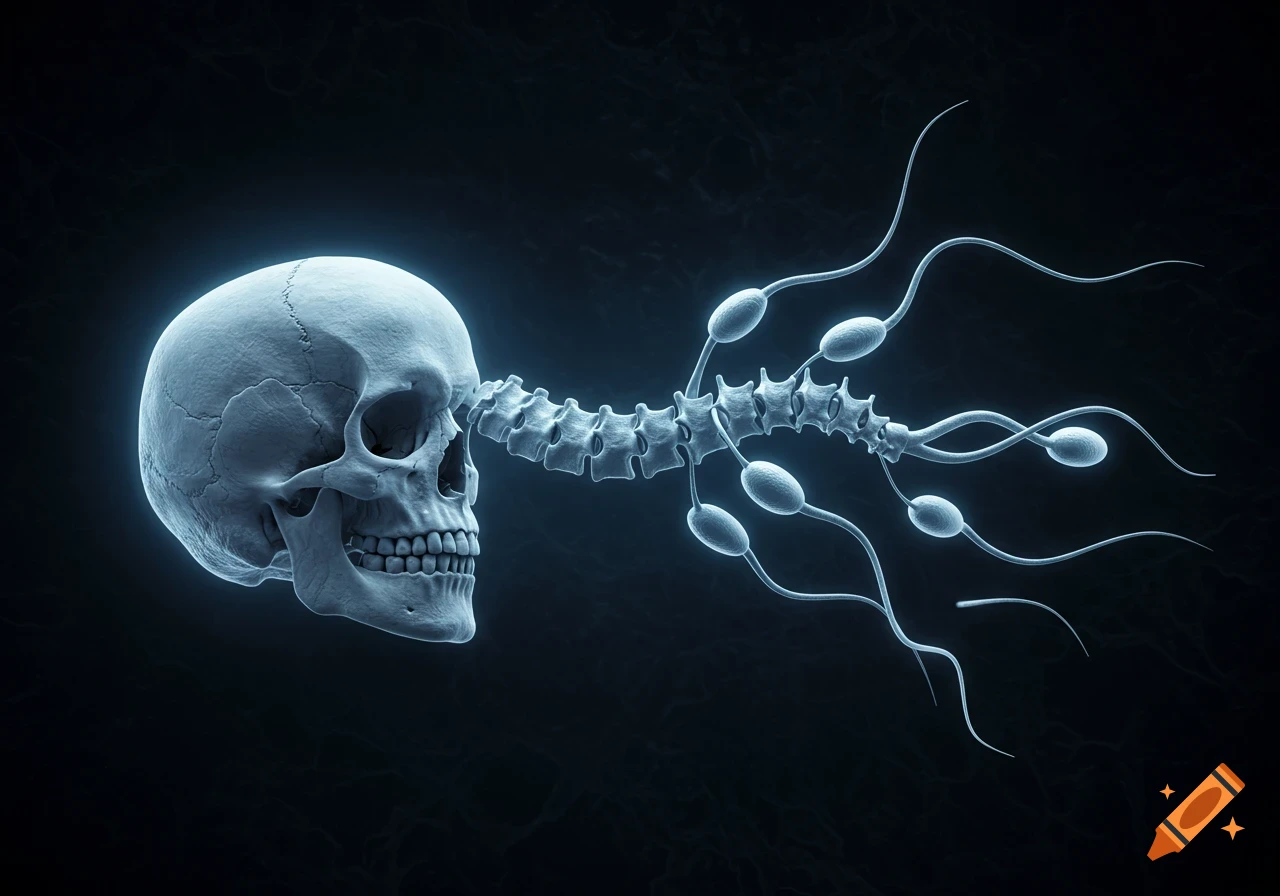 A glowing 3D rendering of a human skull with its spinal cord extending from the eye socket, transforming into multiple sperm cells on a dark background.