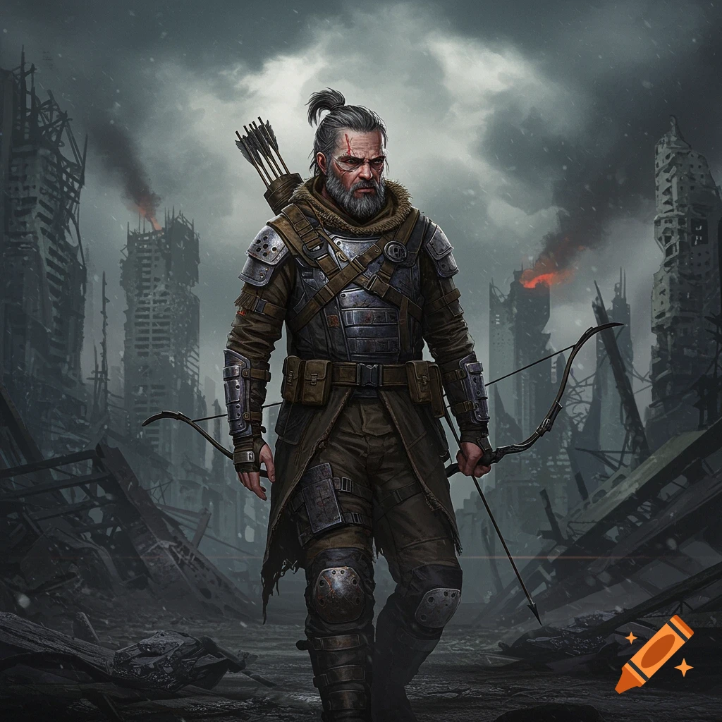 A rugged man with a beard and ponytail, wearing armor and holding a bow, walks through a ruined, stormy post-apocalyptic city.