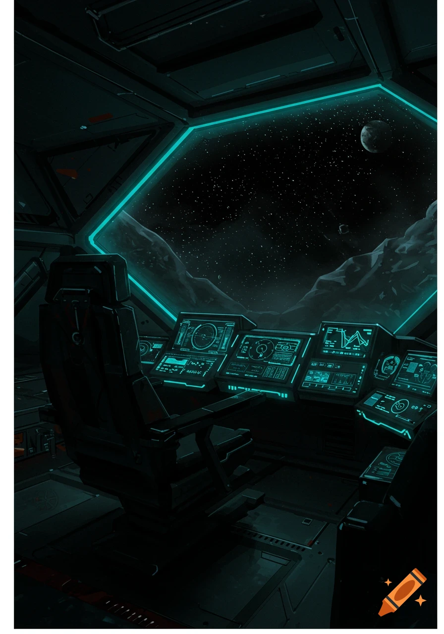 A dark and moody spaceship cockpit with glowing teal controls looking out into deep space with a moon and asteroids.