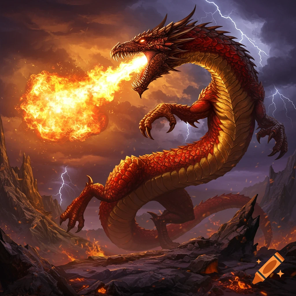 A vibrant red and gold dragon breathes a massive fireball over a volcanic landscape under a stormy sky with lightning.