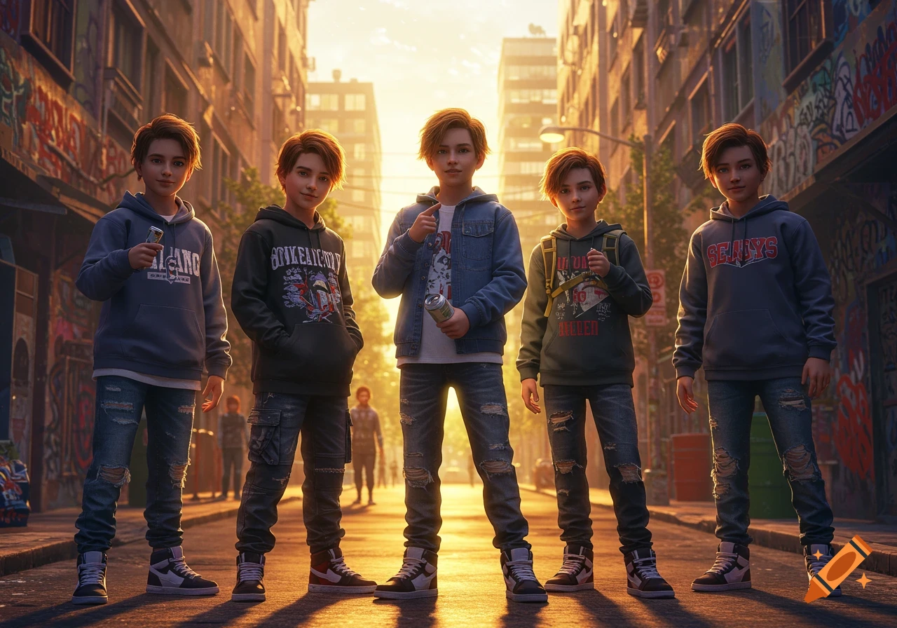 Five young boys in hoodies and ripped jeans stand in a street alley at sunset, with graffiti-covered buildings.