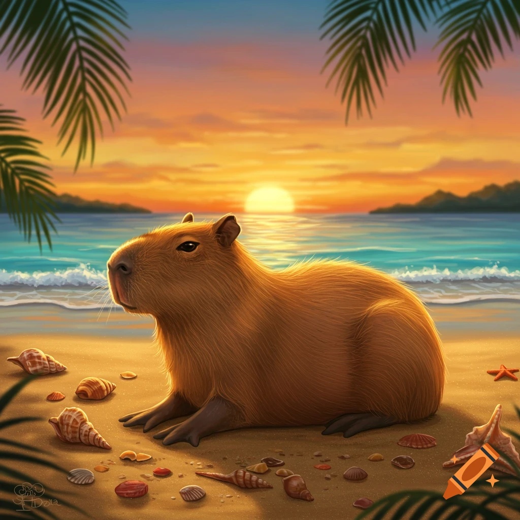 A capybara sits on a sandy beach at sunset, surrounded by seashells and palm fronds.