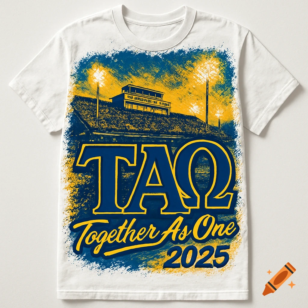 A white T-shirt with a blue and yellow design featuring a stadium and the text "TA Together As One 2025".