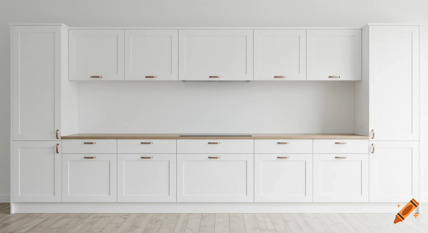 A modern kitchen with white full overlay cabinets, light wood countertops, and a light wood floor. The room is well-lit and clean.