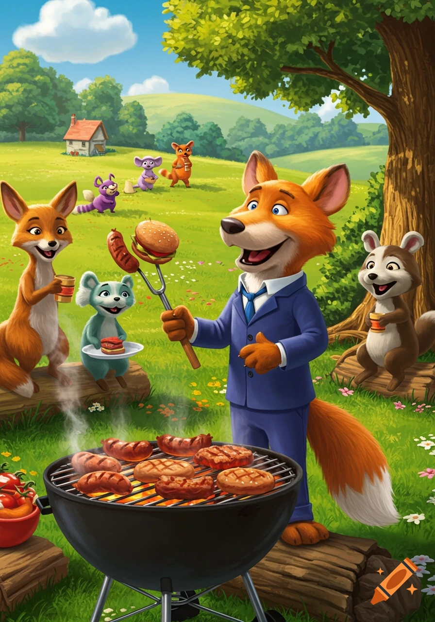 Cartoon animals, including a fox in a suit, grilling sausages and burgers at a sunny outdoor BBQ.
