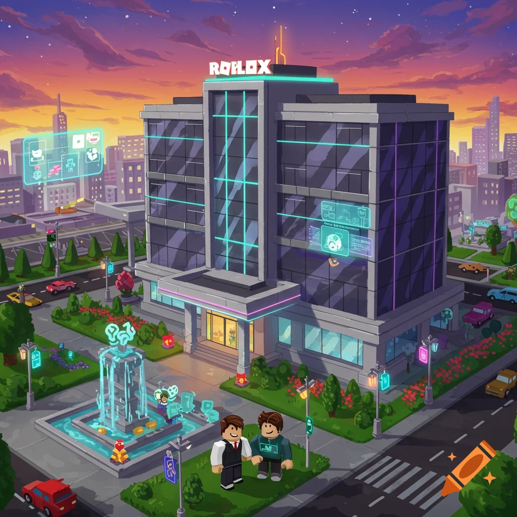 A modern Roblox-style building with 'ROBLOX' sign, a fountain, and two characters in front, set against a sunset cityscape.
