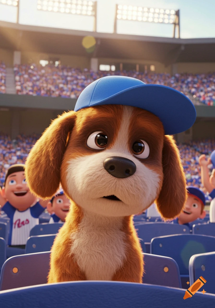 A cute brown and white animated dog wearing a blue baseball cap sits in the stands of a baseball stadium.