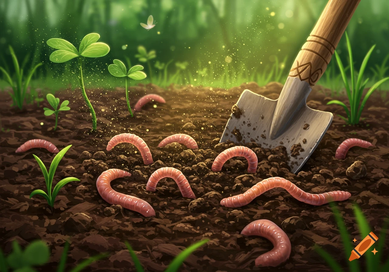 Vibrant illustration of pink earthworms on dark soil with a shovel, green plants, and sparkling light in a lush garden setting.