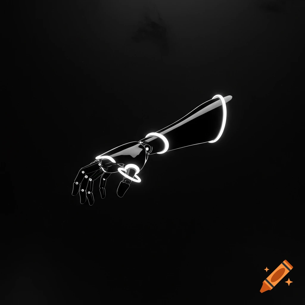 A sleek, black, abstract arm with glowing white rings against a dark background.