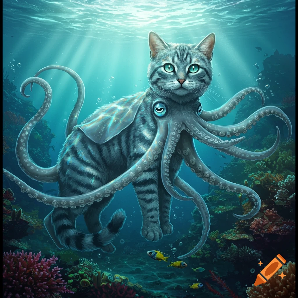 A fantasy grey tabby cat with glowing green eyes and blue octopus tentacles swimming underwater among colorful coral and fish.