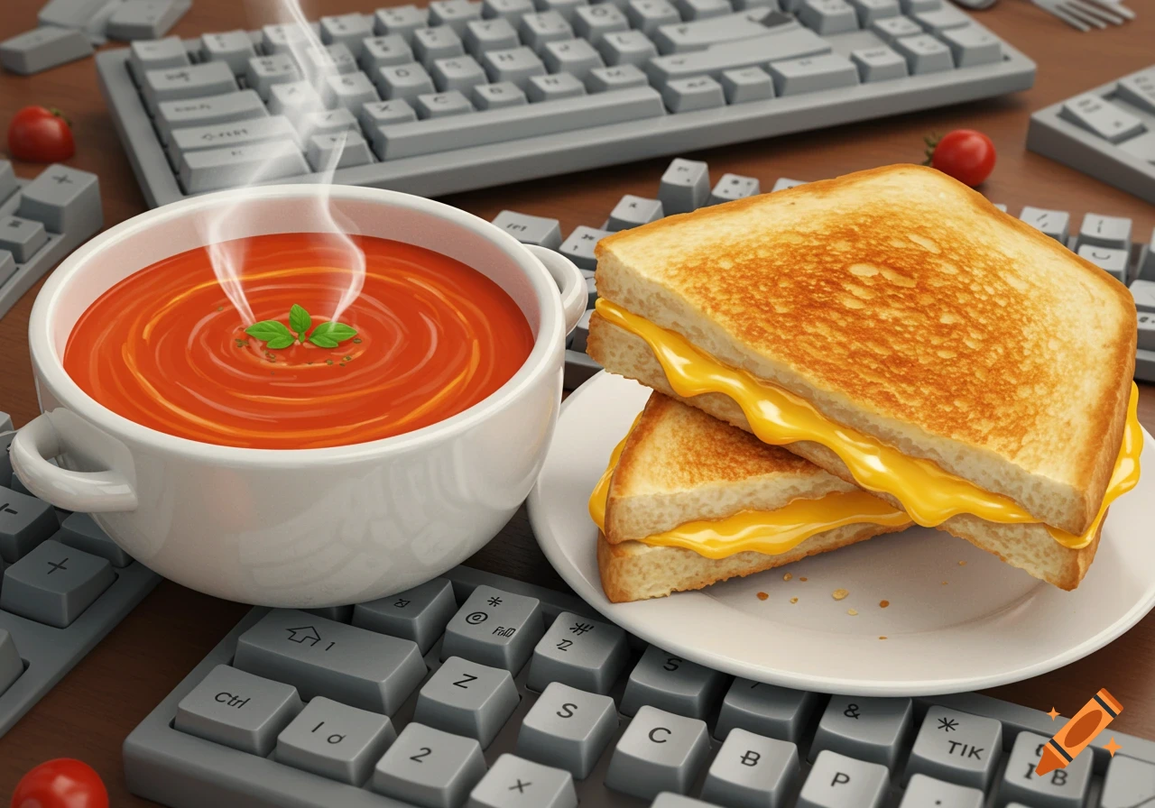 A white bowl of steaming tomato soup with a basil leaf, next to a stack of two grilled cheese sandwiches on a white plate, all resting on a desk covered with grey computer keyboard keys.